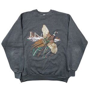 Vintage 1980s Pheasant Bird Graphic Grey Crewneck Sweatshirt